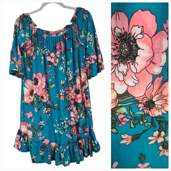 Anthropologie Uncle Frank Super Soft Teal Floral Print Ruffled Shift Midi Dress - Picture 10 of 10